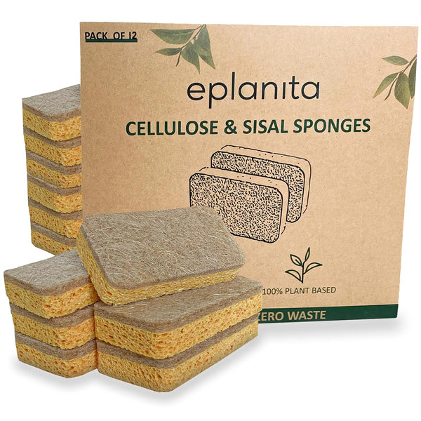 eplanita Natural Plant Based Scrub Sponges, 12 Pack Non-Scratch Biodegradable Eco Scourers for Kitchen and Bathroom
