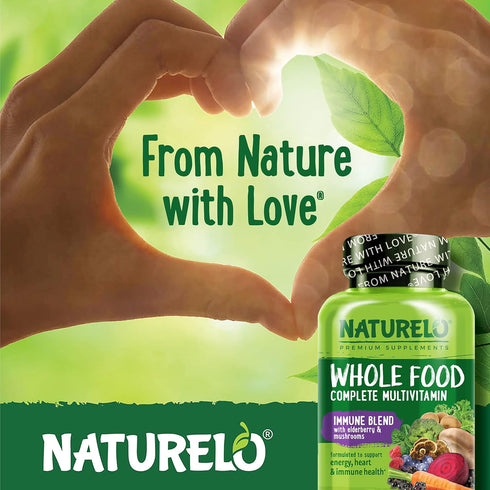 NATURELO Whole Food Multivitamin + Immune Blend with Elderberry & Mushrooms, 60 Vegan Capsules