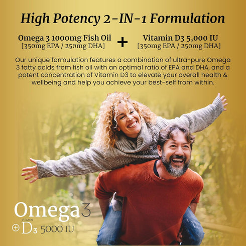 Omega 3 Fish Oil Supplement with Vitamin D3 5000 IU - 1000mg Triglyceride Capsules for Brain Health - VIT D3 & Omega 3