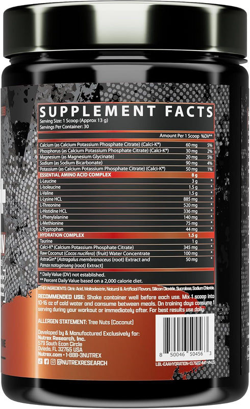 Nutrex Research EAA Hydration | EAAs + BCAA Powder | Muscle Recovery, Strength, Muscle Building, Endurance | 8G Essential Amino Acids + Electrolytes | 30 Servings It's Mango Time