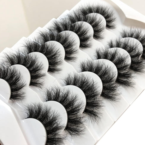 Pooplunch 7 Pairs Pack False Eyelashes Faux Mink Cat-Eye Look 18MM Wispy Long 8D Volume Fake Eyelash Strips