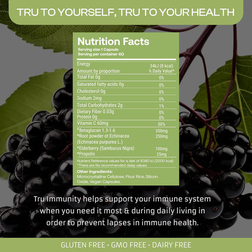 Immunity (60 Count) Tru Dietary Supplement with Elderberry, Propolis, Echinacea, Vitamin C & Beta Glucans Daily