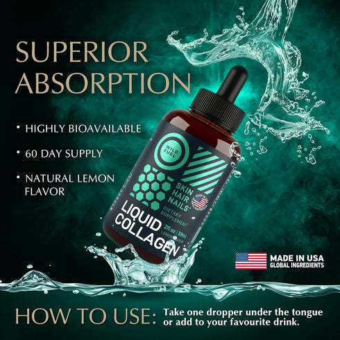 Liquid Collagen Peptides - 10,000mcg Collagen & 5,000mcg Biotin Drops for Youthful Skin, Hair Growth, Lemon Flavor