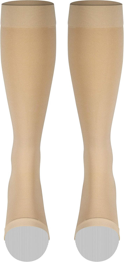 NuVein Medical Compression Stockings, 20-30 mmHg Support for Women & Men, Knee Length, Open Toe, Large, Beige