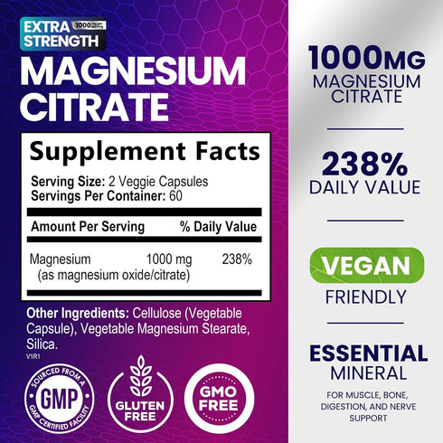 Magnesium Citrate Extra Strength 1000 mg - Chelated for Max Absorption, Magnesium Supplement for Muscle Health, Nerve, Bone & Heart Support, Nature's Magnesio Vitamin Pills, Non-GMO - 120 Capsules