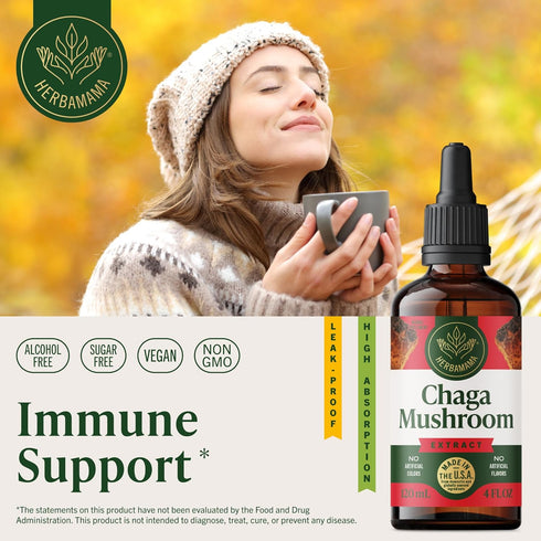 Immune Immunity 84-Day HERBAMAMA Chaga Mushroom Tincture - Vegan Support & Defense with Chaga Mushroom Extract Drops