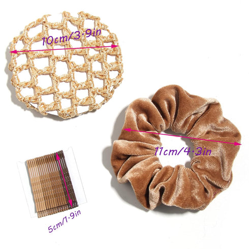 Velvet Hair Scrunchies for Women Girls, Bun Cover Hair Net, Ballet Hair Accessories Set (Pink)