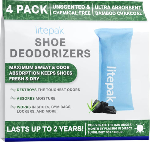 Litepak Shoe Deodorizer and Odor Eliminator: Activated Charcoal Absorber for Shoes, Gym Bags, Natural Bamboo Freshener