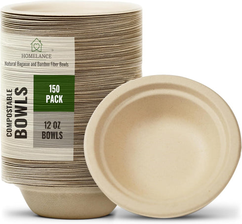 Compostable 12 OZ/350ml Bowls, 150Pcs Bamboo & Bagasse Disposable Bowls for Hot Soup, Microwave Safe