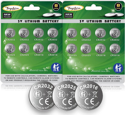 Toyohira CR2032 Lithium 3v Coin Battery Assorted cr2025 cr2016 Battery, 16 Pack (cr2032
