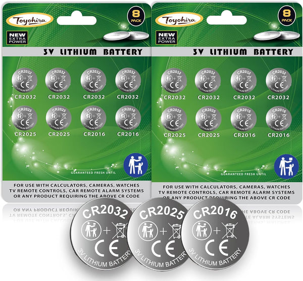 Toyohira CR2032 Lithium 3v Coin Battery Assorted cr2025 cr2016 Battery, 16 Pack (cr2032