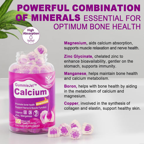 Sugar-Free Calcium Citrate Gummies - 1000mg with Vitamin D3 K2, 60 Count, Ultimate Absorption Supplement
