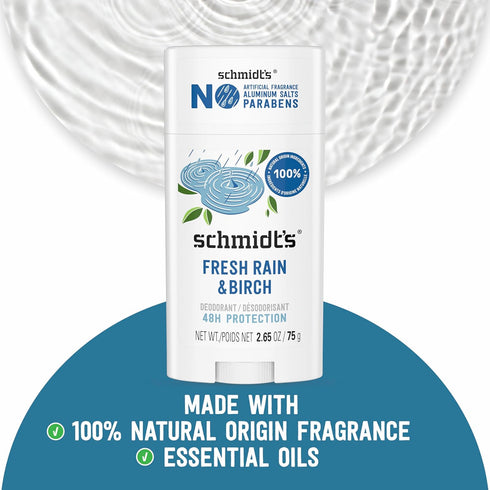 Schmidt's Aluminum-Free Vegan Deodorant Fresh Rain & Birch, 2 Count, 24 Hour Odor Protection, 2.65 oz, Natural