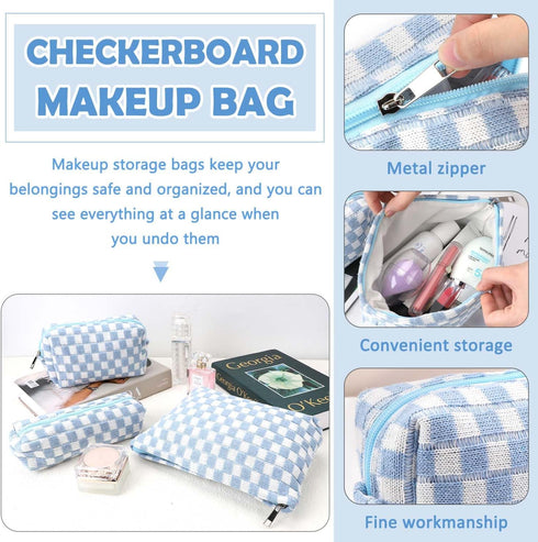 3 Pcs Checkered Makeup Bag Set for Girls Women, Large Capacity Travel Organizer Toiletry Pouch