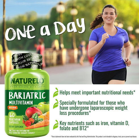 NATURELO Bariatric Multivitamin - One Daily with Iron, 60 Veggie Capsules for Post Gastric Bypass Surgery Patients