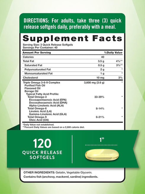 Nature's Truth Omega 369 Softgels | 3600mg | 120 Pills | Fish, Flax, & Borage Oil | Triple Strength | Non-GMO & Gluten Free Supplement