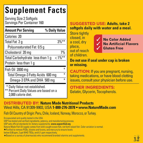 Nature Made Fish Oil 1000 mg Softgels, Omega 3 Fish Oil for Healthy Heart Support, 320 Softgels