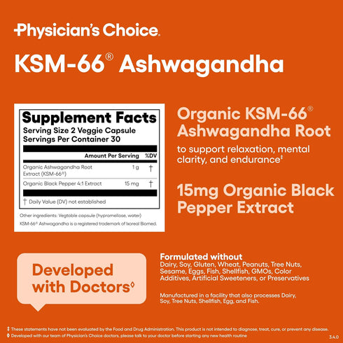 KSM-66 1,000mg 5% 60 Physician's CHOICE Ashwagandha Root Powder Extract - Organic - with Black Pepper for Maximum