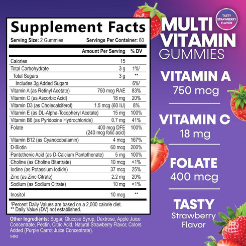 Multivitamin Gummies for Adults, Daily Gummy Vitamin for Women & Men, Extra Strength Immune Health Support Supplement with Vitamins A, C, D, E, B-6, B-12, Zinc and More - Non-GMO, Berry - 120 Gummies