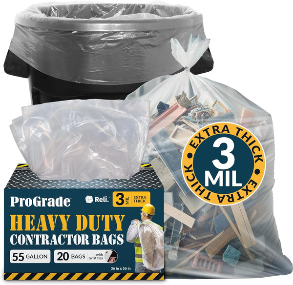 Reli. 55 Gallon Heavy Duty Contractor Trash Bags, 20 Bags, 3 Mil, Twist Ties Included, Clear Construction Bags