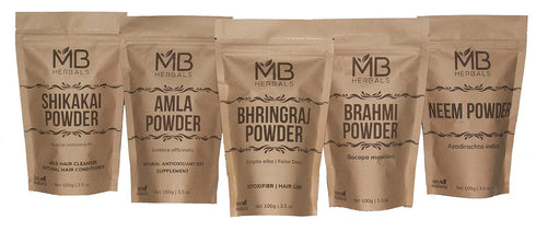MB Herbals Hair Care Powders COMBO Pack | Shikakai | Neem | Brahmi | Amla | Bhringaraj | Powders | 100 Grams Each - Packaging May Vary