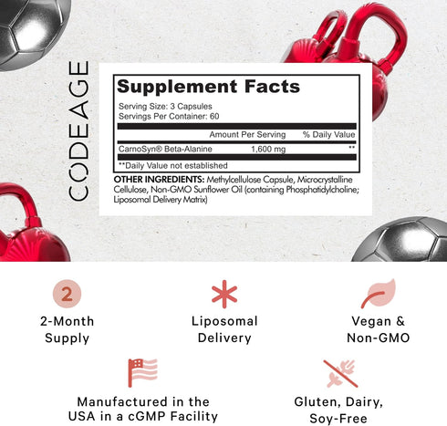 Codeage Liposomal Beta-Alanine Supplement, CarnoSyn Beta-Alanine, 180 Capsules, 2-Month Supply, Non-GMO