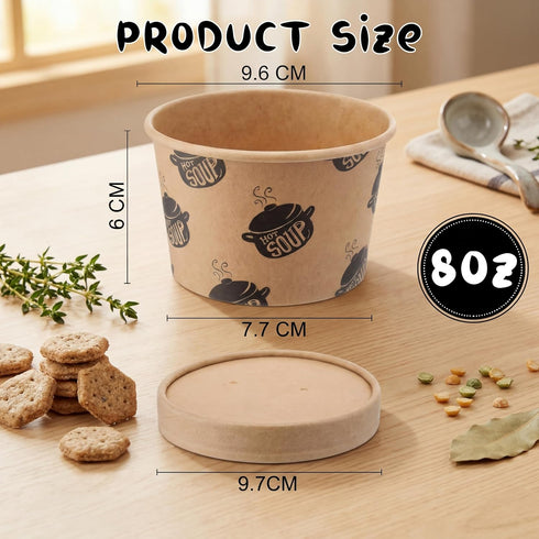 Ninehaoou 100 8 oz Pcs Paper Soup Containers with Lids Disposable Kraft Paper Food Container Hot and Cold Soup Bowls