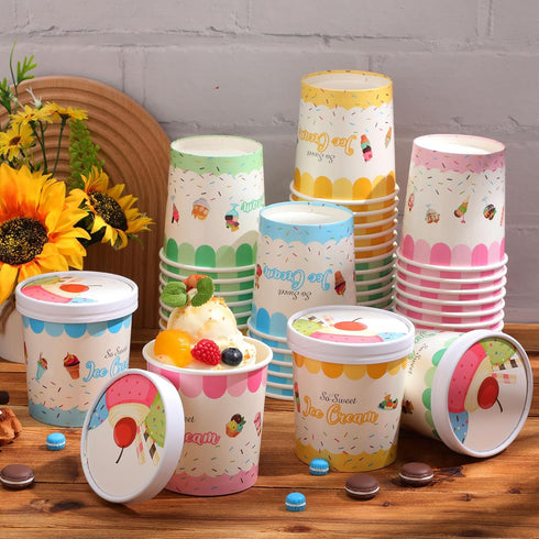 Jingmore 64 16oz Frozen Pcs Paper Ice Cream Cups with Lids, Disposable Dessert Bowls for Yogurt, Soup, Hot & Cold Food