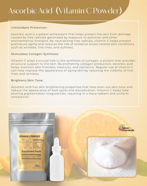 Pure Vitamin C Powder Organic (8 Oz / 226 g) Ascorbic Acid Powder Powerful Antioxidant for Skin DIY Skin Care