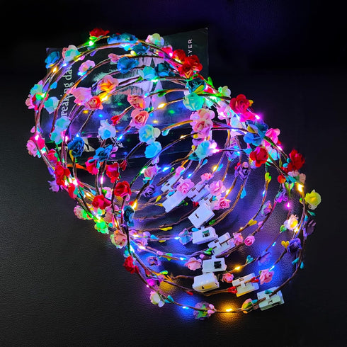 PTHTECHUS 12 Pack LED Flower Headband Crown - Glow in The Dark Party Supplies for Men Women