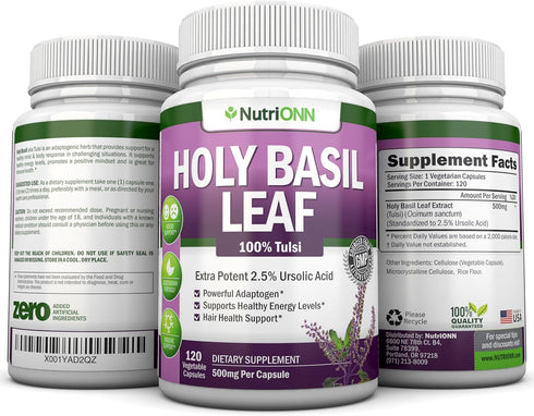 Holy Basil Leaf Capsules, 500mg, 120 Vegan Capsules, Real Tulsi Extract Supplement for Positive Mindset