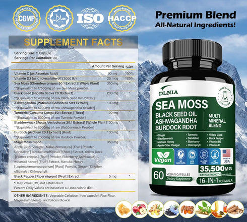 16-in-1 Organic Sea Moss 7000mg, Ashwagandha 2000mg, Black Seed Oil 4000mg, Turmeric, Vitamin C & D3 for Overall Health