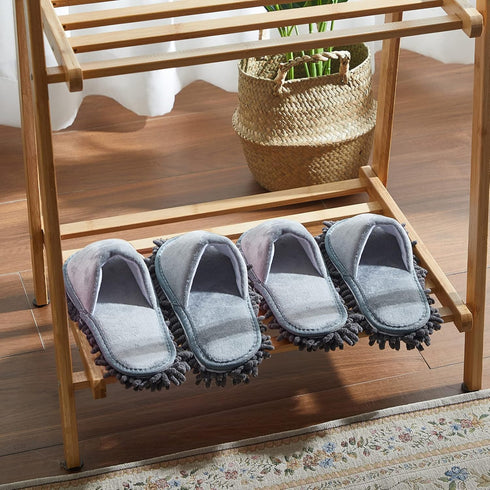 2 Pairs Microfiber Cleaning Mop Slippers, Washable Unisex Dusting Slippers for Floor Cleaning (Gray, Large)
