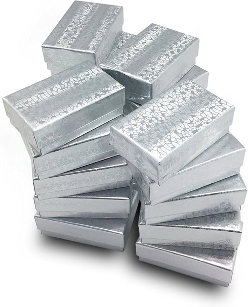 TheDisplayGuys 25-Pack Cotton Filled Cardboard Jewelry Boxes, Silver Foil Gift Case (2.6" x 1.6" x 1.0")