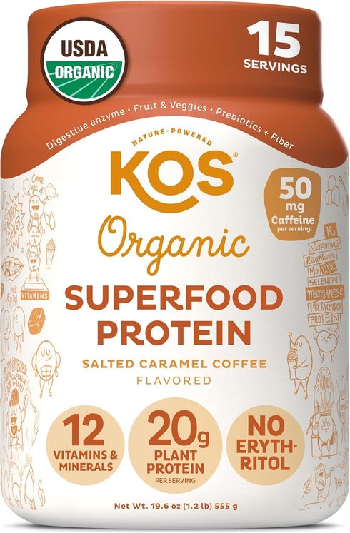 KOS Vegan Protein Powder - Salted Caramel Coffee, Low Carb Pea Protein Blend, Organic Plant Superfood, 15 Servings