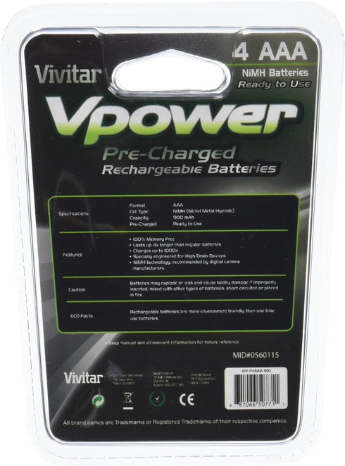 Vivitar VIV-P4AAA-900 NiMH 4 AAA Batteries