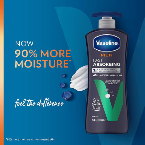 Vaseline Men's Healing Moisture Hand & Body Lotion for Dry Skin, Fast Absorbing, Non-Greasy, 20.3 oz, Pack of 3