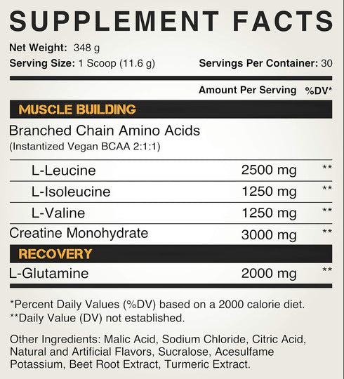 Peak Post Workout Supplement - BCAA 2:1:1 Creatine and Glutamine for Muscle Recovery - 30 Servings - Tropical Mango