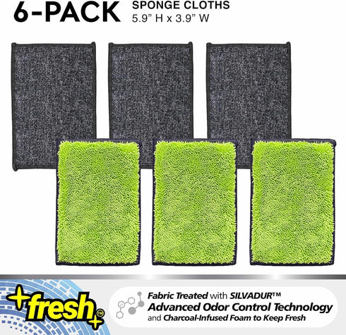 Fresh Professional Microfiber Sponge Cloths, Fabric Treated with SILVADUR Advanced Odor Control Technology and Charcoal-Infused Foam, 6-Pack Sponge Cloths by TUFF-SCRUB