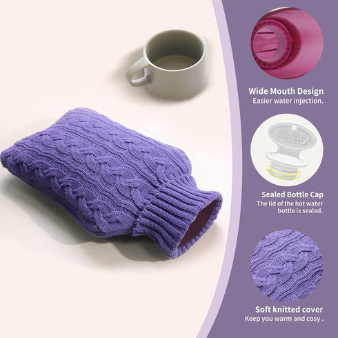 samply Hot Water Bottle with Knitted Cover, 2L for Hot and Cold Compress, Ideal for Menstrual Cramps, Purple