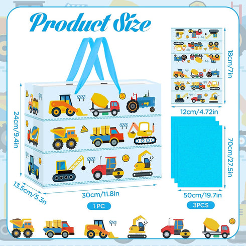 Large Construction Truck Birthday Gift Bag for Kid Blue New Baby Shower Bags with Blue Tissue Paper Birthday Card Baby