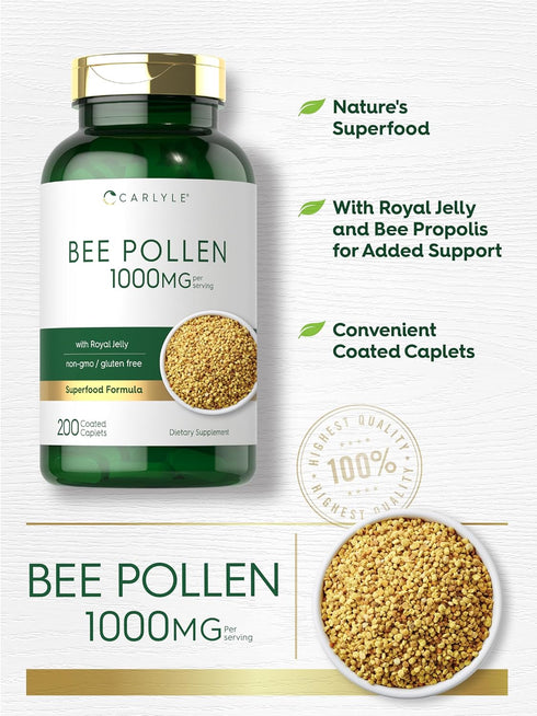 Carlyle Bee Pollen Supplement, 1000mg, 200 Caplets with Royal Jelly and Bee Propolis, Vegetarian, Non-GMO