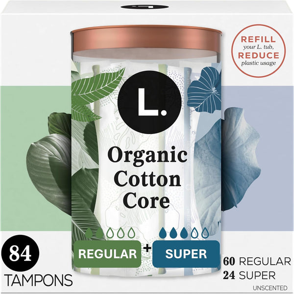 L. Cotton Tampons Regular/Super Absorbency Multipack, Free from Chlorine Bleaching, Pesticides, Fragrances,