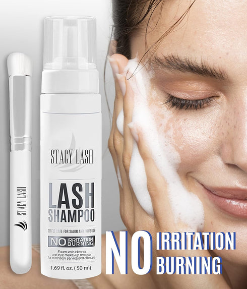 STACY LASH Eyelash Extension Shampoo + Brush / 3.38 fl.oz / 100ml / Eyelid Foaming Cleanser/Wash for Extensions & Natural Lashes/Safe Makeup Remover/Supplies for Professional & Home Use