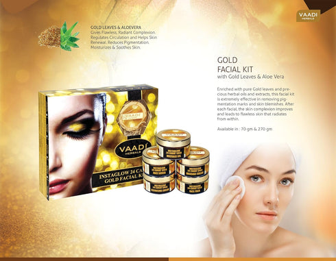 Vaadi Herbals Gold Facial Kit with 24 Carat Gold Leaves, Marigold & Wheatgerm Oil, Lemon Peel Extract - 70 Grams