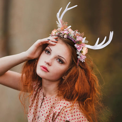 MOSTORY Handmade Pink White Antler Headband - Boho Fairy Deer Horns Hair Accessory for Renaissance Halloween Cosplay