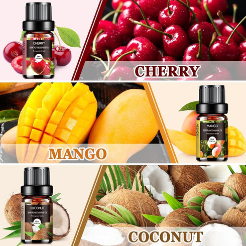 Set 6x10ML Fruity Essential Oils - Fruit Fragrance Oil for Diffuser, Aromatherapy, Candle Making - Strawberry, Cherry