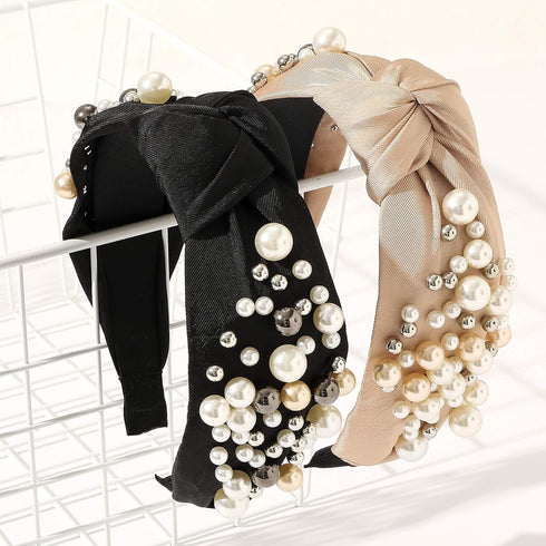 Ivyu Knotted Pearl Headbands, Fashion Hair Accessories for Women, No Slip Cute Top Knot Gift for Girls, Black Pink Gold