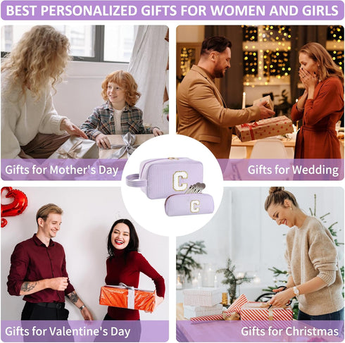 2pcs Personalized Initial Makeup Bag A-Z, Monogram Travel Toiletry Bag for Women & Teen Girls, Purple, E