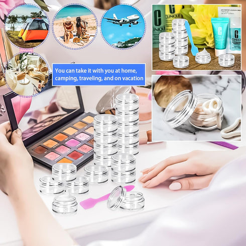 MotBach 100 Pcs 5g Empty Plastic Containers, Mini Makeup Sample Jars with Clear Lids and Mini Spatulas